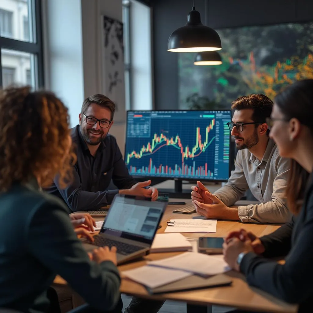 Équipe AlphaInvest IA discutant de stratégies financières